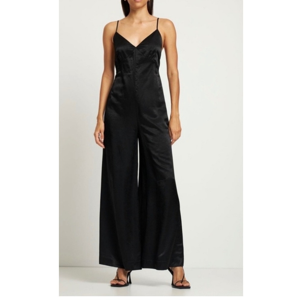 WeWoreWhat Womens Black Satin Wide Leg V-Neck Spaghetti Strap Jumpsuit Small